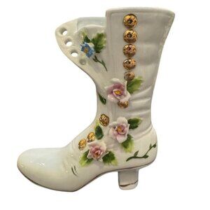 Vintage Ceramic Victorian Style Boot Vase With Floral & Gold Button Detailing